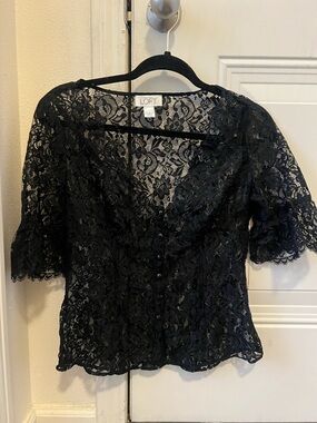 LOFT Black Lace Peplum Top Size 4 Feminine Sheer Button Front
